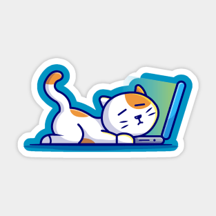 Cute Cat Sleeping On Laptop With Coffee Cup Cartoon Vector Icon Illustration Sticker